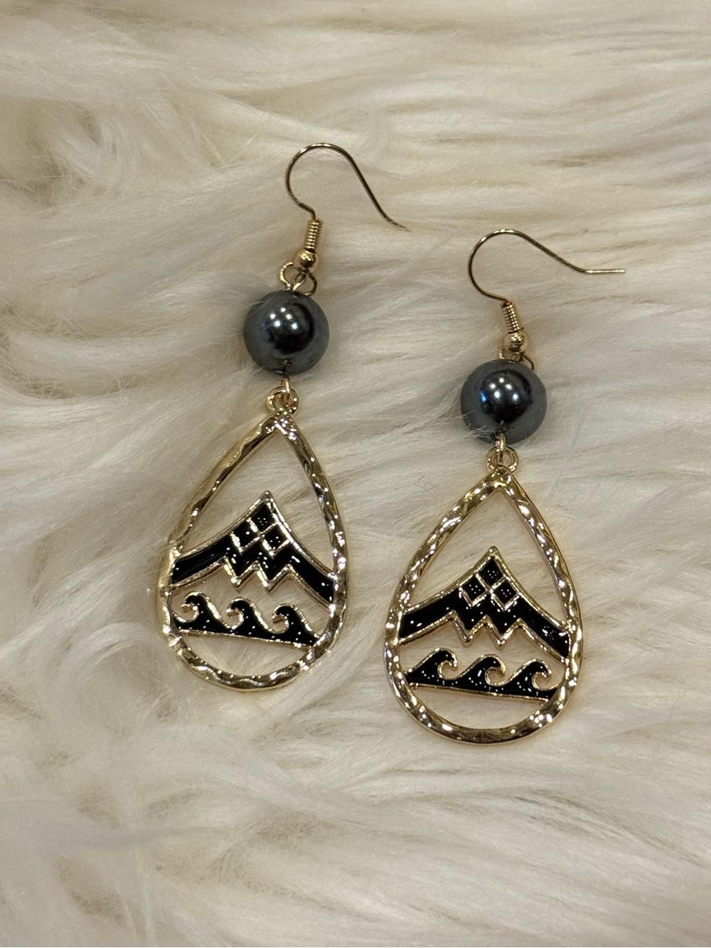 Gold Teardrop Dangle Earrings with Black Accents and Pearl